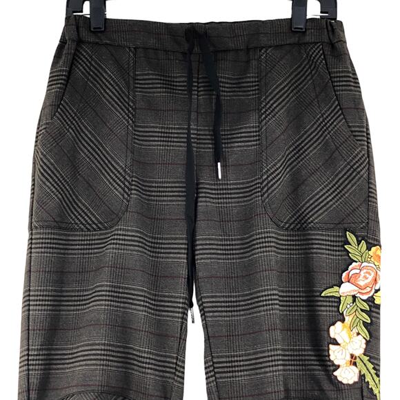 BYE Womens Size M Pants Plaid Floral Applique Stretch Brown Made in Italy - Picture 2 of 12